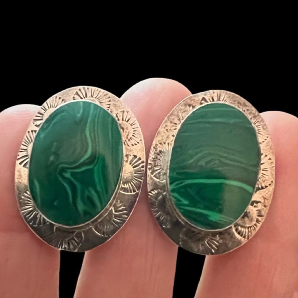 Vintage Taxco 925 Sterling Malachite Earrings Large Oval Mid Century Mexico